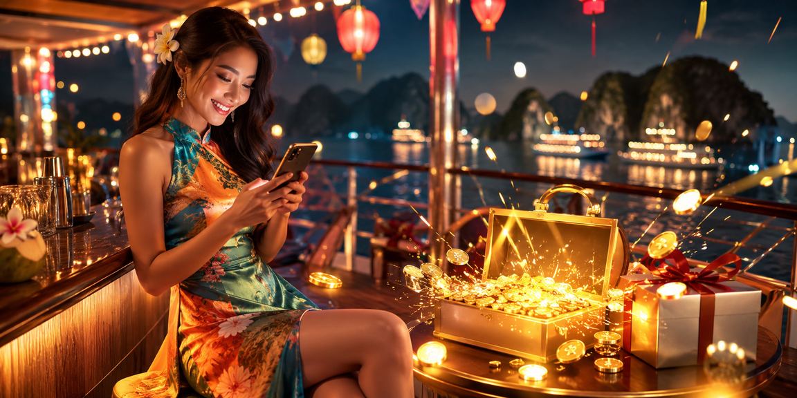 Người phụ nữ mặc áo dài trải nghiệm casino trên di động tại vịnh Hạ Long